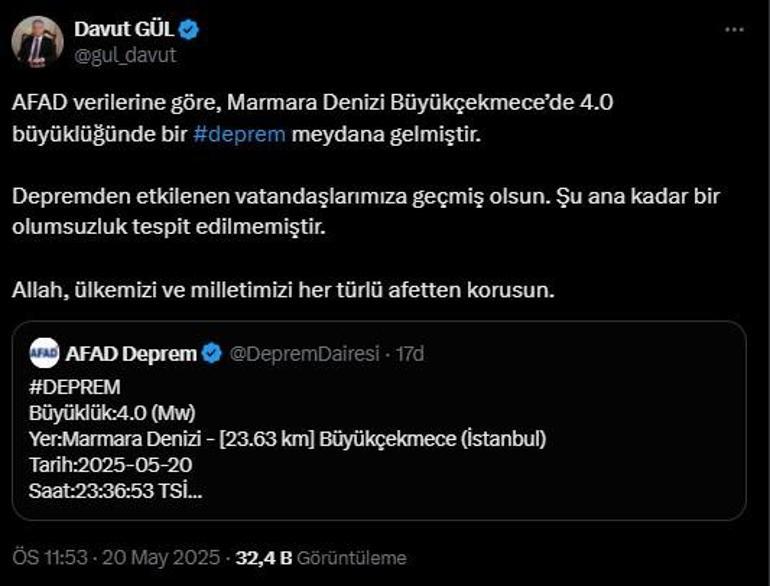 İstanbulda 4.0 büyüklüğünde deprem