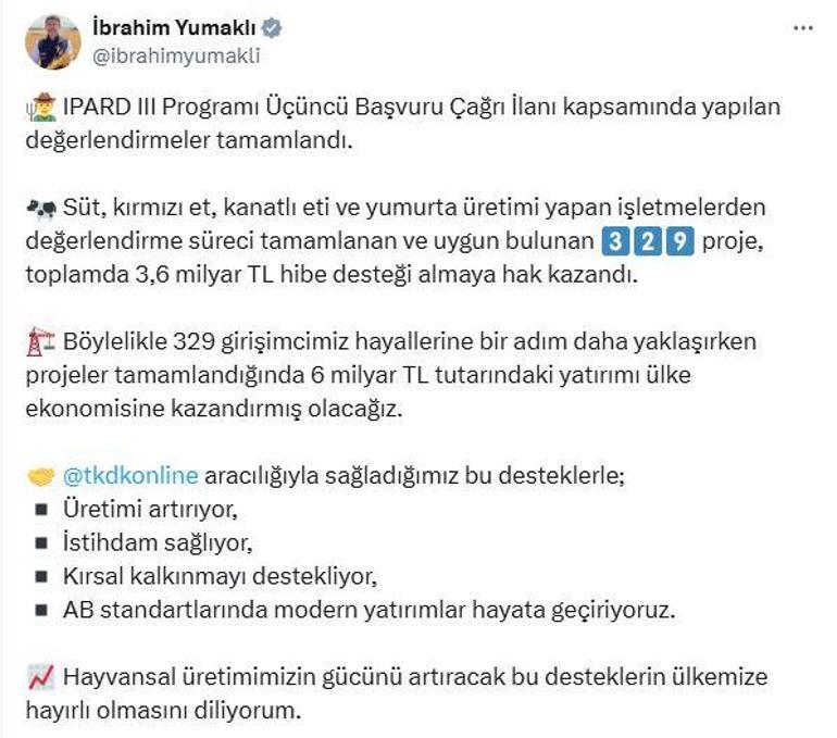 Bakan Yumaklı: 329 projeye 3,6 milyar TL hibe desteği sağlanacak