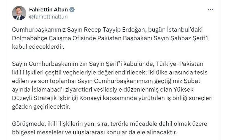 Cumhurbaşkanı Erdoğan, Pakistan Başbakanı Şerifi kabul edecek