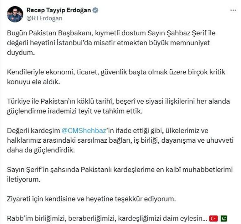 Cumhurbaşkanı Erdoğan, Pakistan Başbakanı Şerifi kabul etti