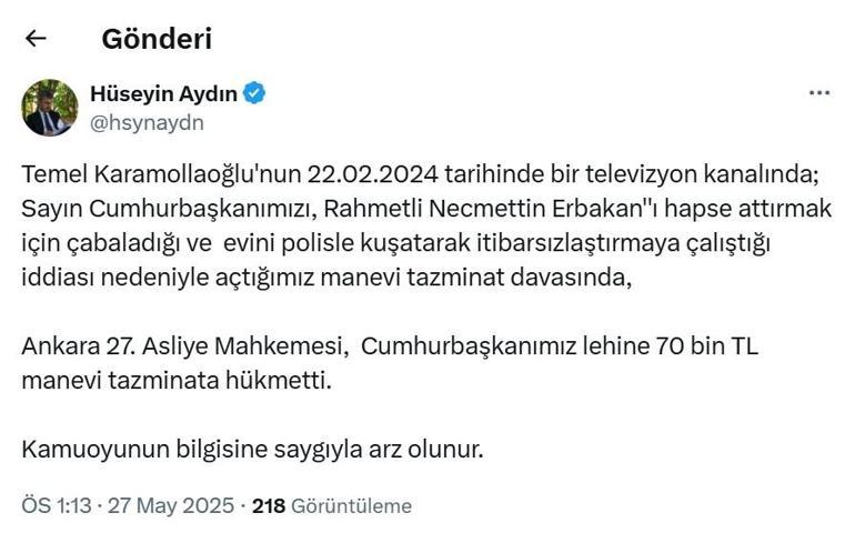 Karamollaoğlu, Cumhurbaşkanı Erdoğana tazminat ödeyecek