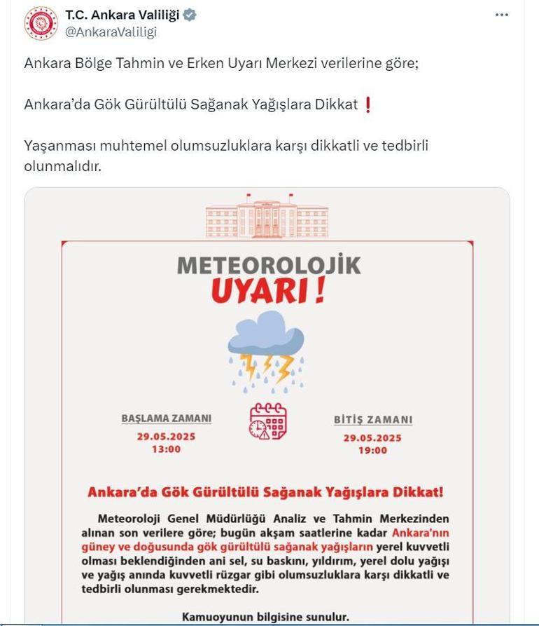 Ankara Valiliğinden sağanak uyarısı