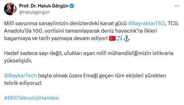Bayraktar TB3, TCG Anadoluda 100üncü sortisini tamamladı