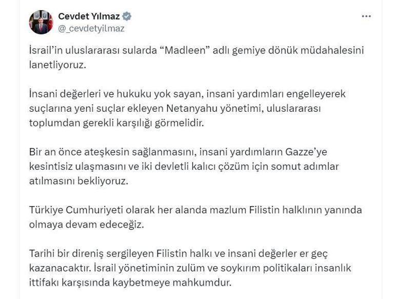 Cevdet Yılmaz: İsrailin Madleen adlı gemiye dönük müdahalesini lanetliyoruz