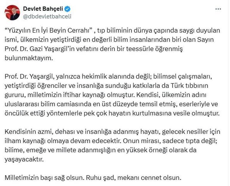 Bahçeliden Prof. Dr. Gazi Yaşargil için taziye mesajı