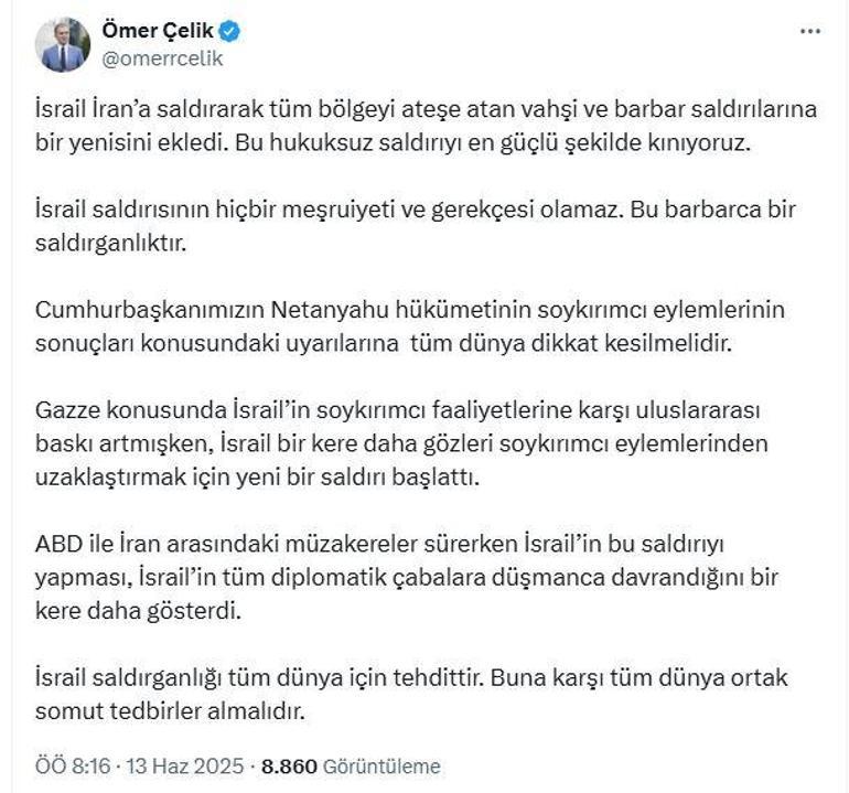 AK Partili Çelik: İsrailin saldırısını en güçlü şekilde kınıyoruz