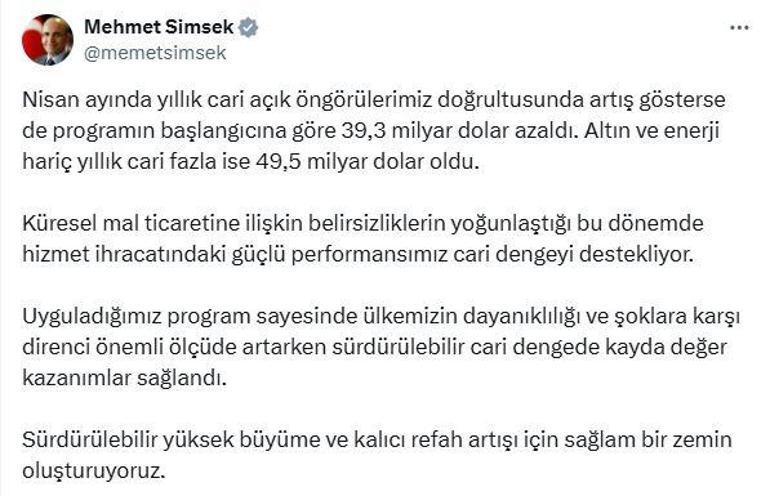Bakan Şimşek: Hizmet ihracatındaki performansımız cari dengeyi destekliyor