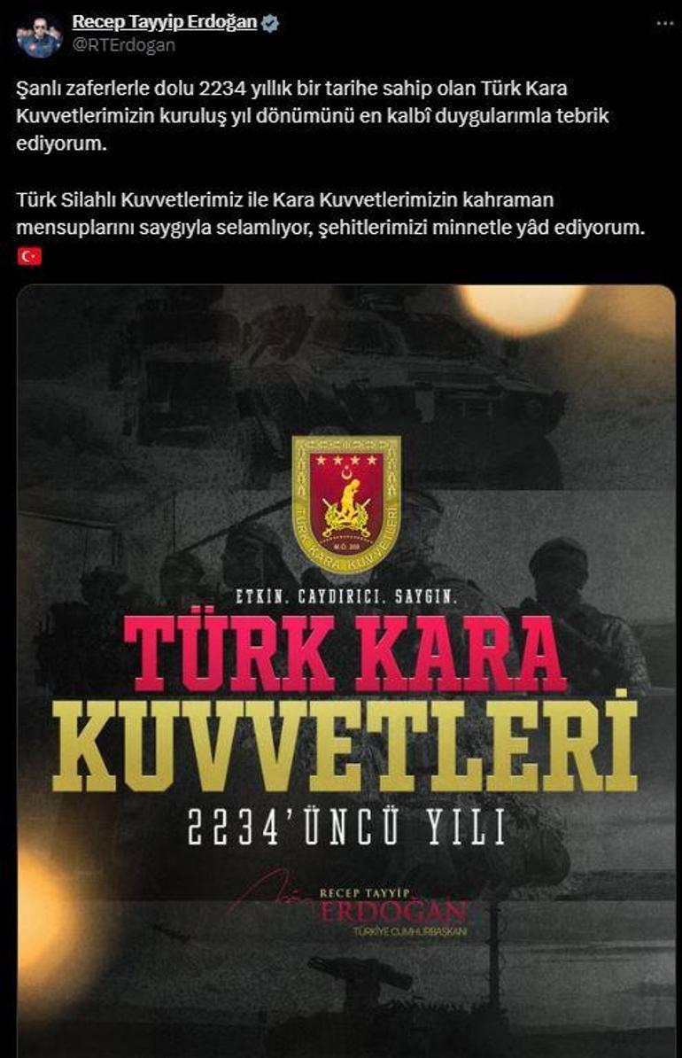 Cumhurbaşkanı Erdoğan Türk Kara Kuvvetleri’nin kuruluşunu kutladı