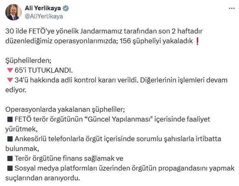 30 ilde FETÖ operasyonları; 65 şüpheli tutuklandı