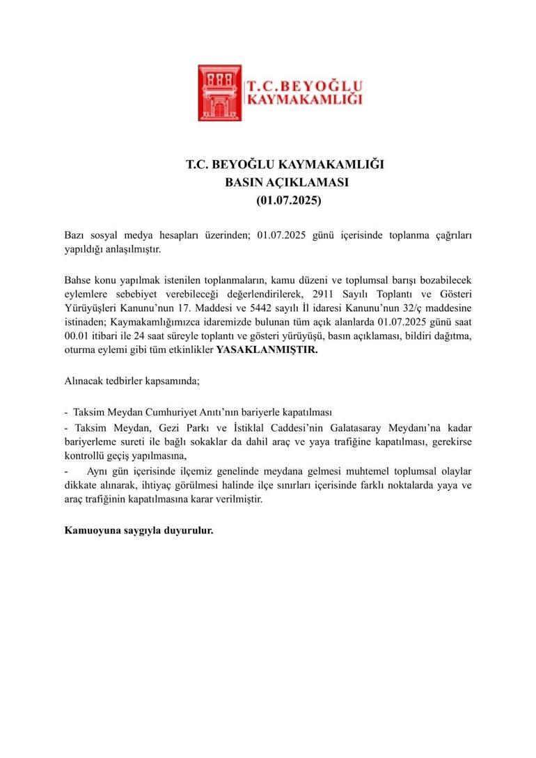 Beyoğlu Kaymakamlığı: Toplantı ve gösteri yürüyüşleri 1 gün süreyle yasaklandı