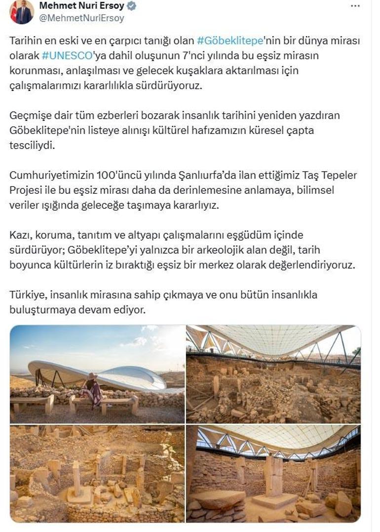 Bakan Ersoy: Göbeklitepenin korunması için çalışmalarımızı sürdürüyoruz
