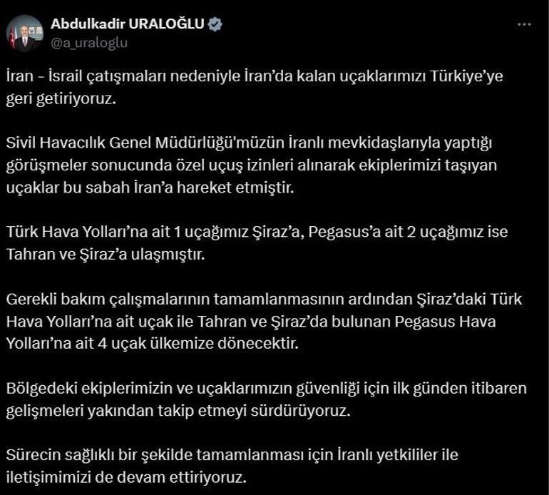 Bakan Uraloğlu: İranda kalan uçaklarımızı Türkiyeye geri getiriyoruz