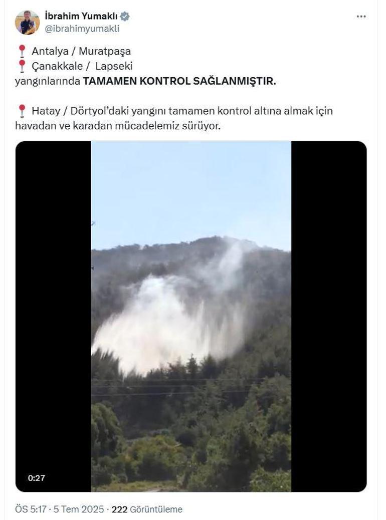 Bakan Yumaklı: Antalya ve Çanakkaledeki yangınlar kontrol altında