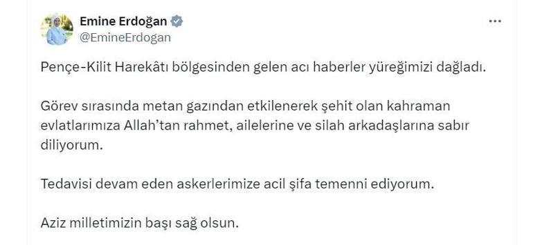 Emine Erdoğandan metan gazına maruz kalıp şehit olan 12 asker için taziye mesajı