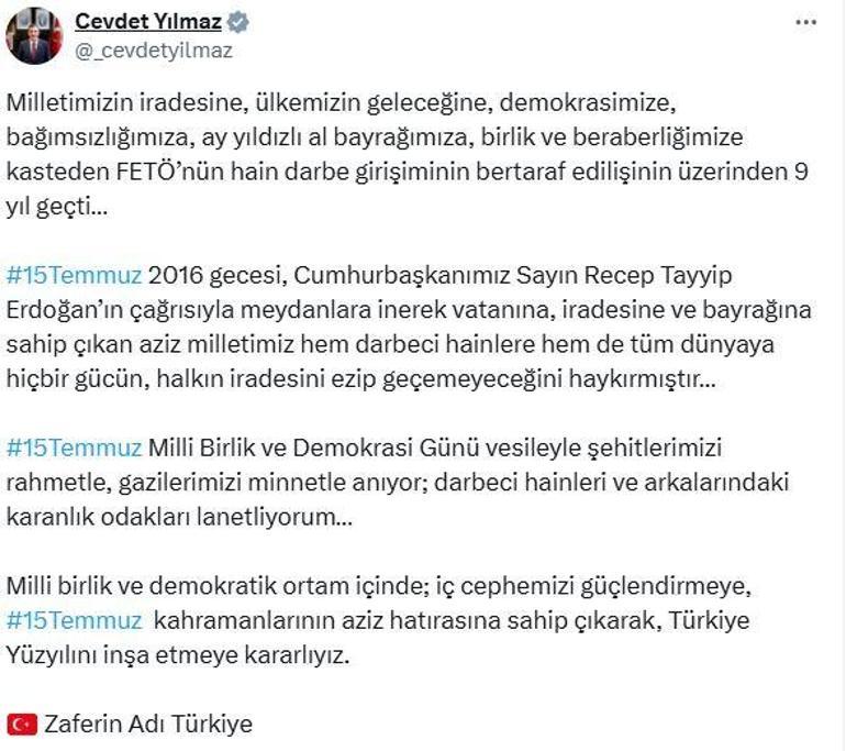 Cevdet Yılmazdan 15 Temmuz mesajı