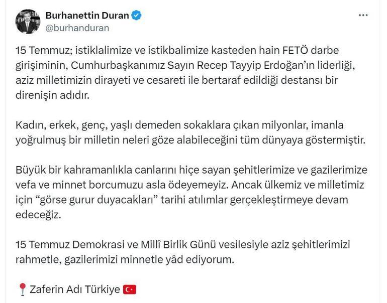 İletişim Başkanı Durandan 15 Temmuz mesajı