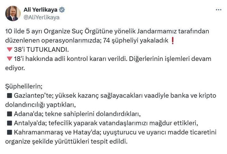 Bakan Yerlikaya: 10 ilde organize suç örgütlerine yönelik operasyonlarda 38 şüpheli tutuklandı