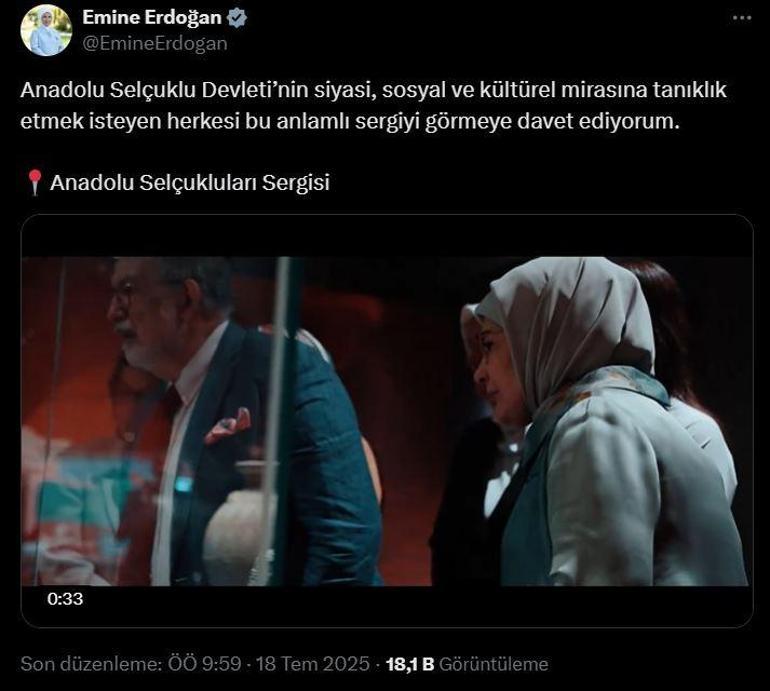 Emine Erdoğandan Anadolu Selçukluları Sergisi paylaşımı