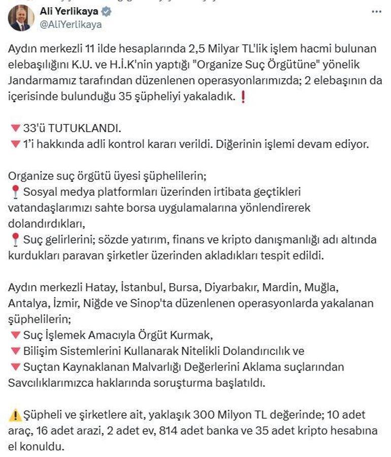Aydın merkezli 11 ilde organize suç örgütüne operasyon: 33 tutuklama