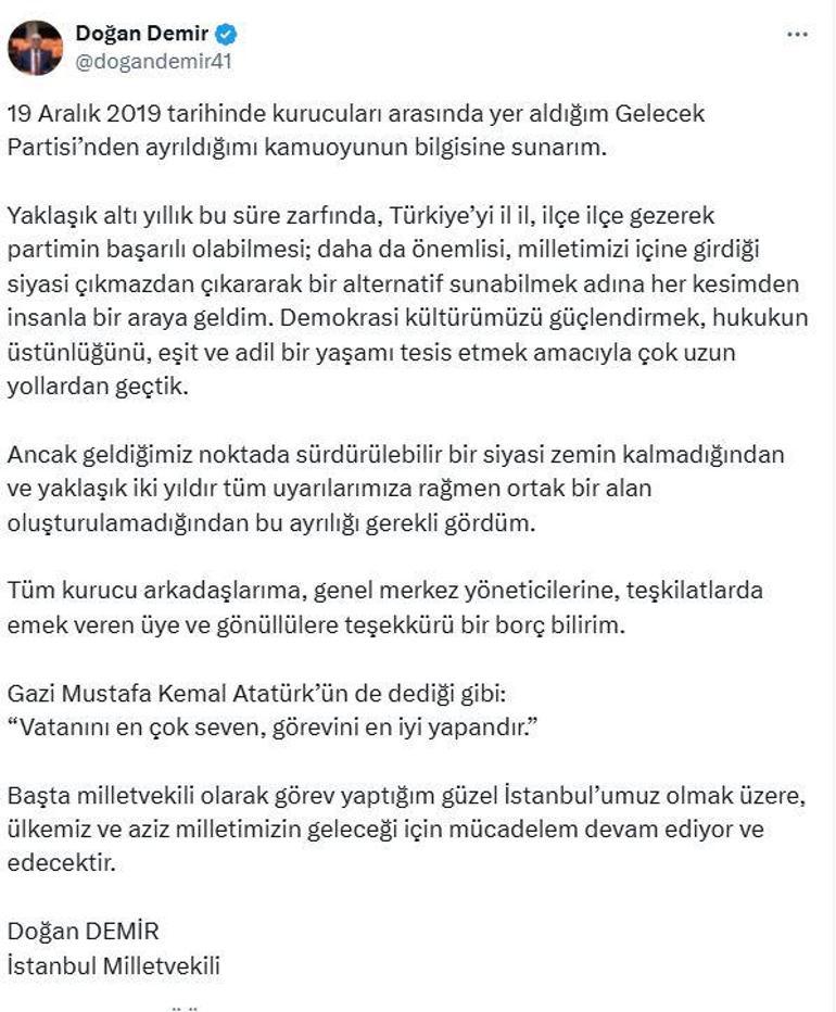 Gelecek Partisi İstanbul Milletvekili Doğan Demir istifa etti