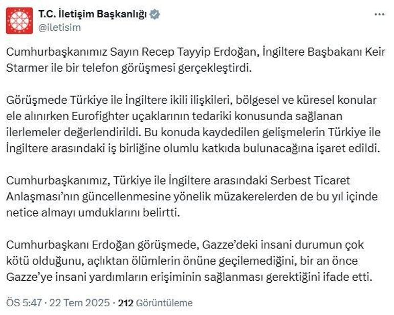 Cumhurbaşkanı Erdoğan, İngiltere Başbakanı Starmer ile telefonla görüştü