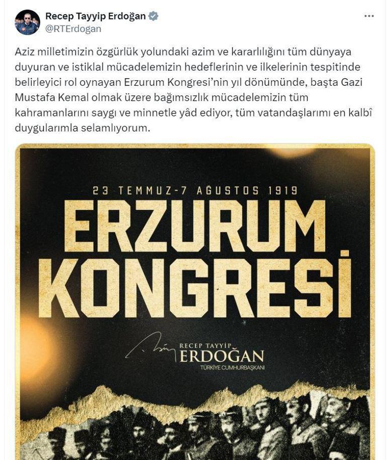 Cumhurbaşkanı Erdoğandan Erzurum Kongresi mesajı