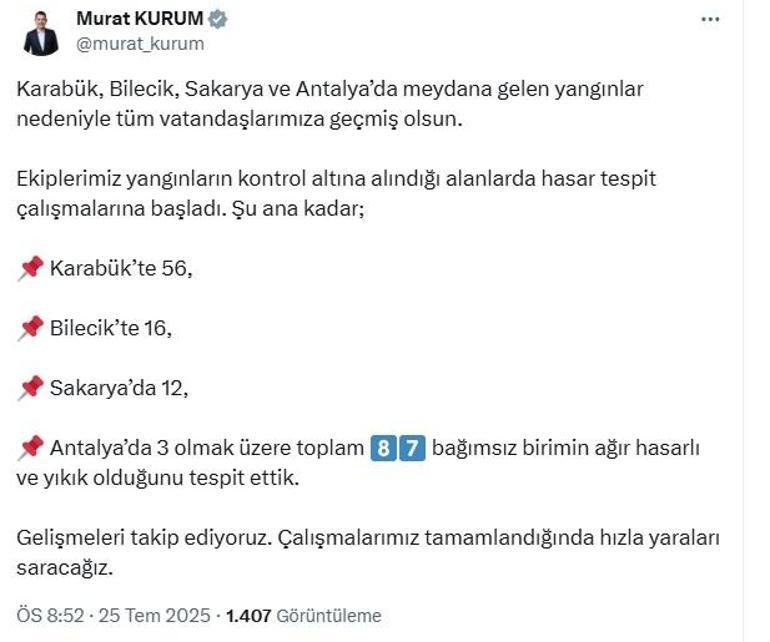 Bakan Kurum: 4 ildeki orman yangınında 87 bağımsız birim hasar aldı