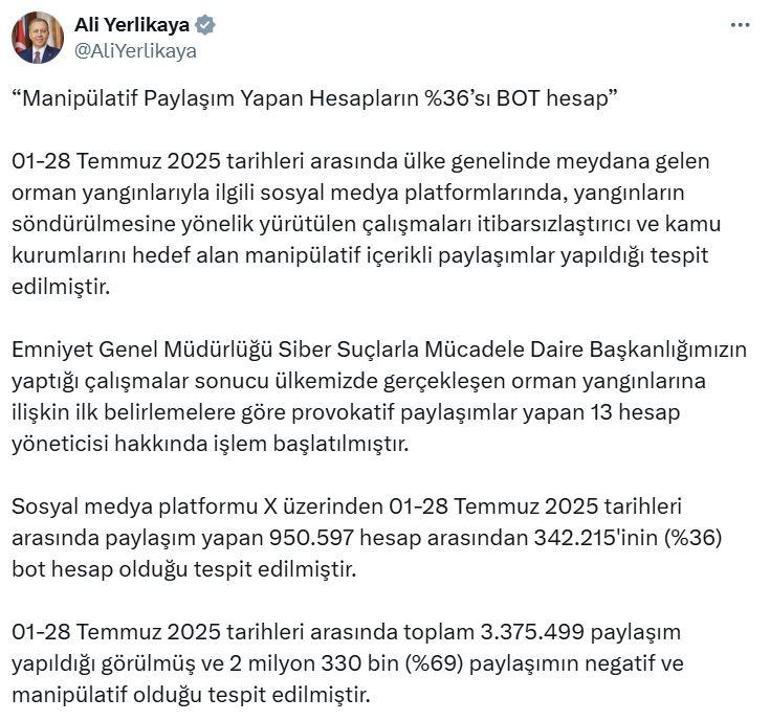 Bakan Yerlikaya: Orman yangınlarına ilişkin provokatif paylaşım yapan 13 hesap hakkında işlem başlatıldı