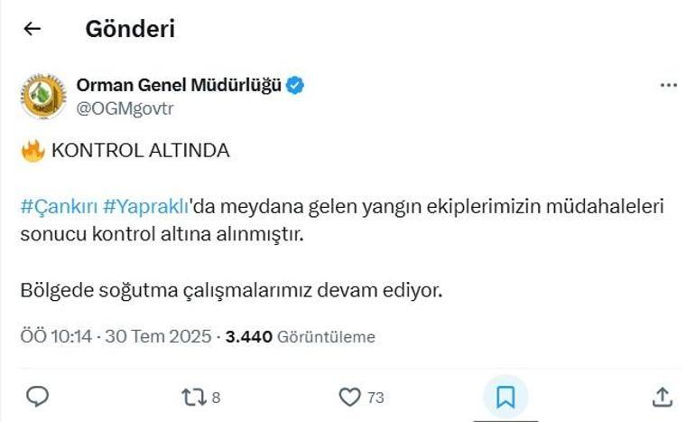 Çankırıdaki orman yangını kontrol altında