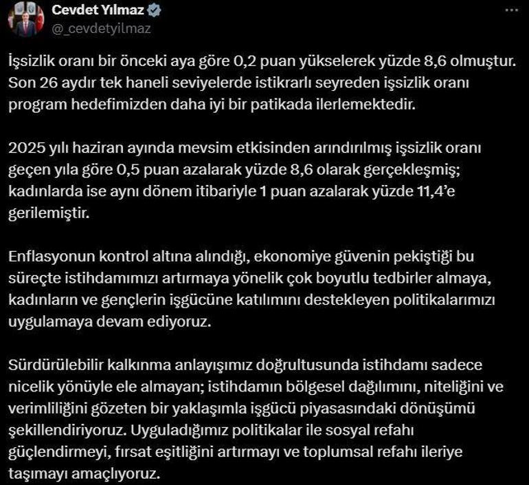 Cevdet Yılmaz: İşsizlik oranı hedefimizden daha iyi ilerlemektedir