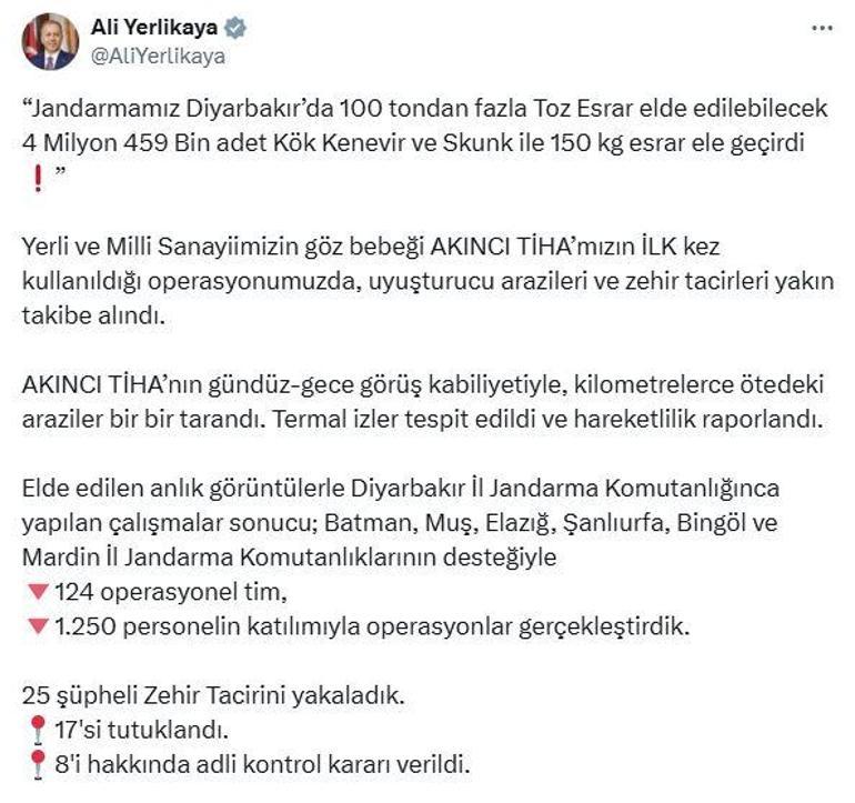 Diyarbakırda 4,4 milyon kök kenevir ele geçirildi; 17 tutuklama