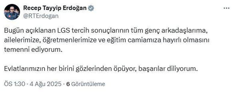 Cumhurbaşkanı Erdoğan: LGS tercih sonuçları eğitim camiamıza hayırlı olsun