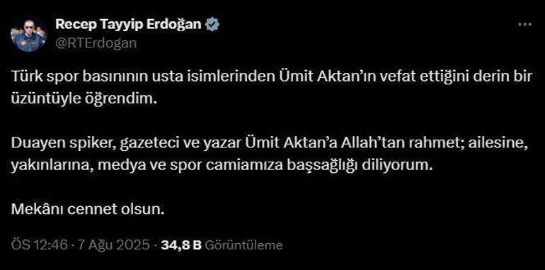 Cumhurbaşkanı Erdoğandan, Ümit Aktan için taziye mesajı