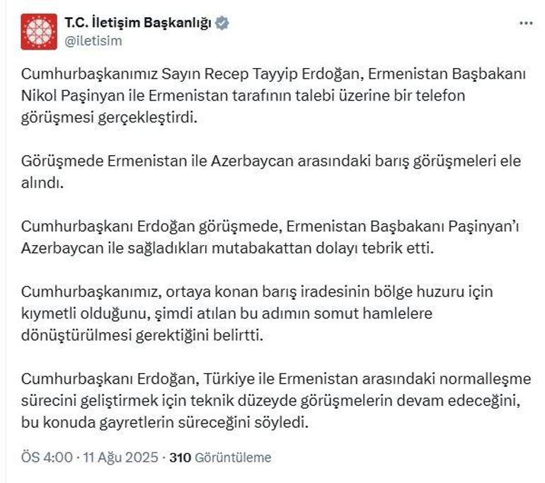 Cumhurbaşkanı Erdoğan, Ermenistan Başbakanı Paşinyan ile görüştü