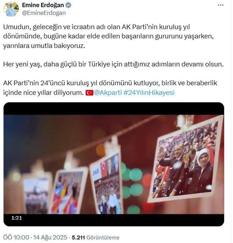 Emine Erdoğandan AK Partinin 24üncü kuruluş yıl dönümü paylaşımı