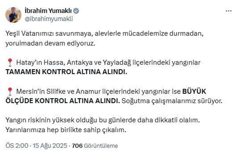Bakan Yumaklı: Hatay ve Mersindeki yangınlar kontrol altında