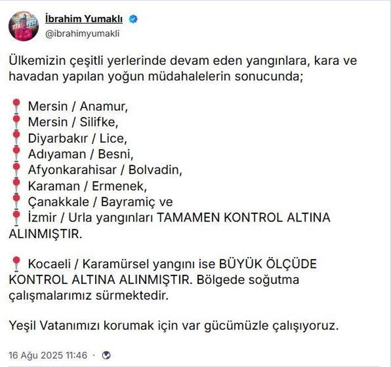 Bakan Yumaklı: 8 ildeki yangınlar kontrol altına alındı