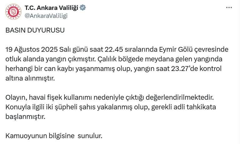 Eymir Gölü yakınlarında çıkan yangının nedeni havai fişek; 2 gözaltı