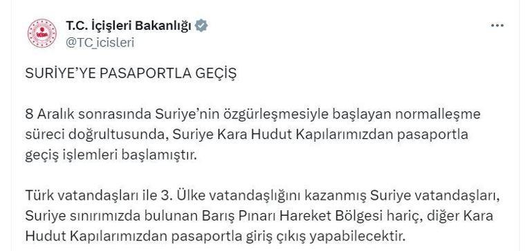 İçişleri: Suriye kara hudut kapılarımızdan pasaportla geçiş işlemleri başladı