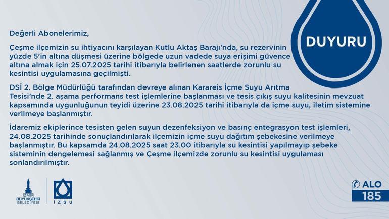İzmir Çeşmede zorunlu su kesintisi sona erdi