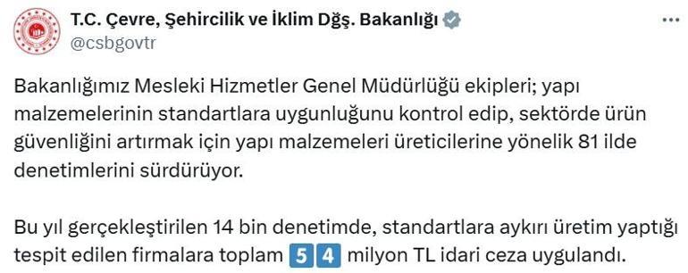 Usulsüz üretim gerçekleşiren yapı malzemesi firmalarına 54 milyon TL ceza