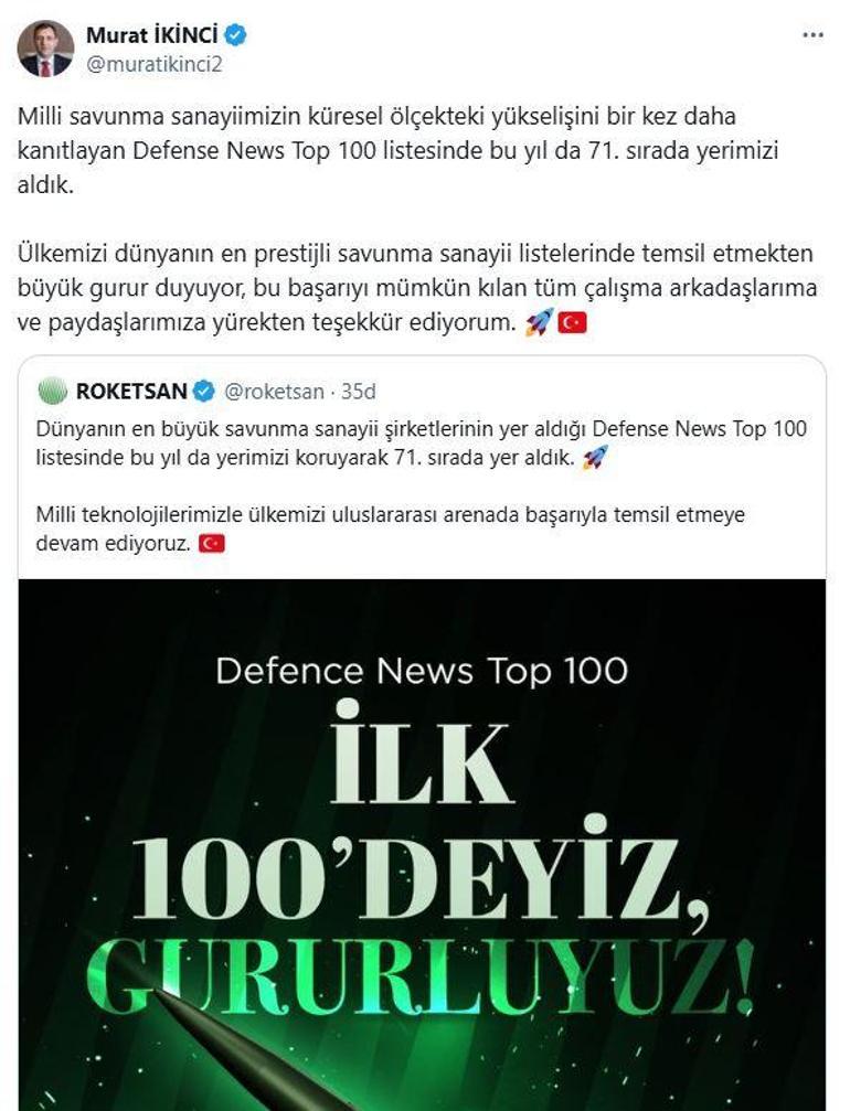 ROKETSAN, Defense News Top 100 Listesindeki yerini korudu