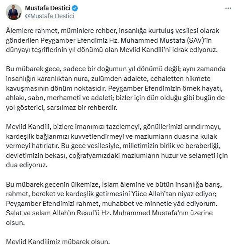 BBP Genel Başkanı Desticiden Mevlid Kandili mesajı
