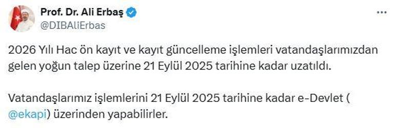 Hac ön kayıt ve kayıt güncelleme işlemleri, 21 Eylüle uzatıldı