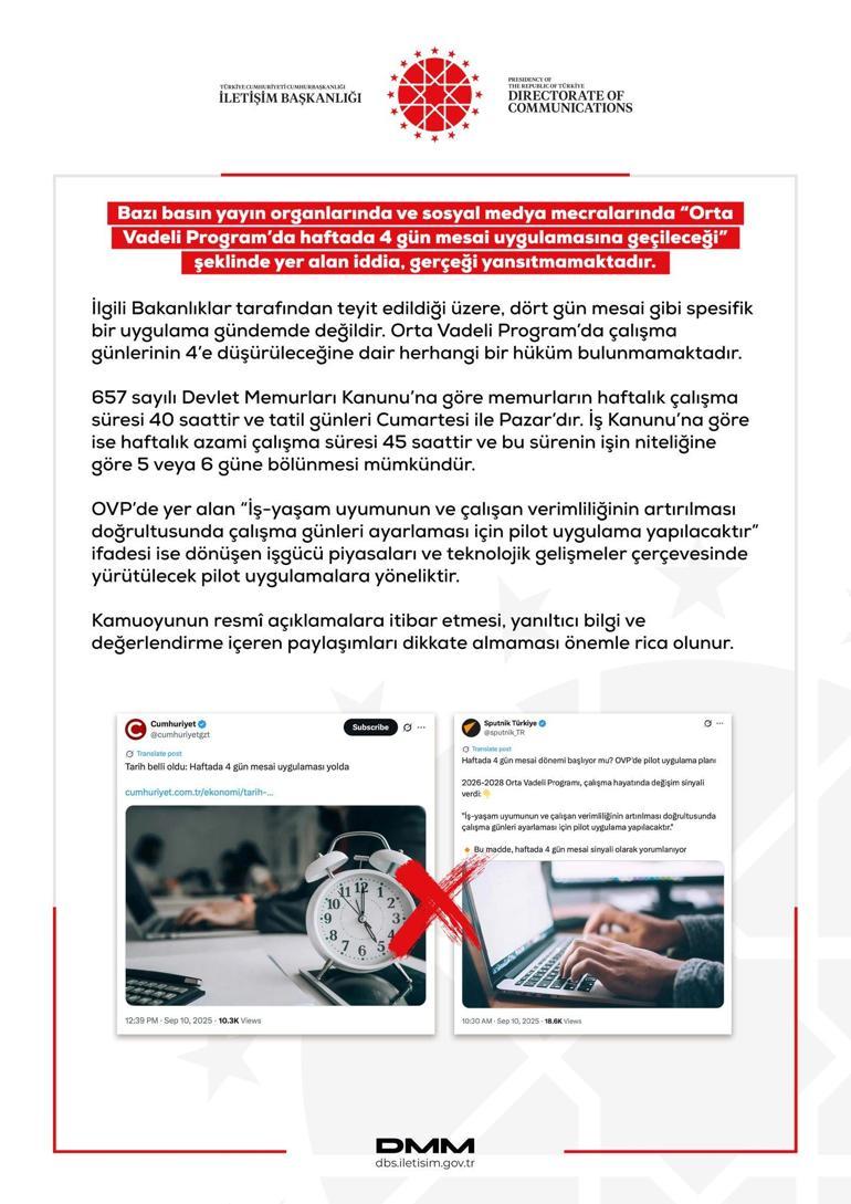 DMM’den haftada 4 gün mesai uygulamasına geçileceği iddialarına yalanlama