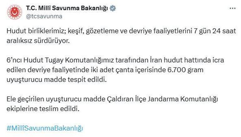 MSB: İran hudut hattında 6,7 kilo uyuşturucu ele geçirildi