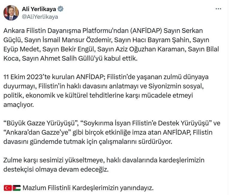 Bakan Yerlikaya, Ankara Filistin Dayanışma Platformunu kabul etti