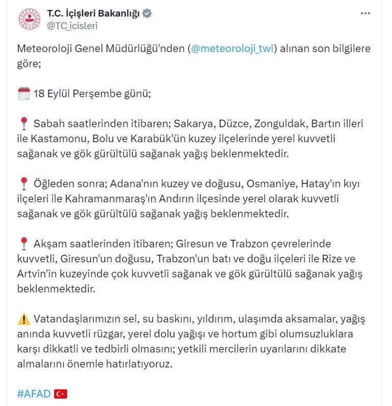 İçişleri Bakanlığından sağanak uyarısı