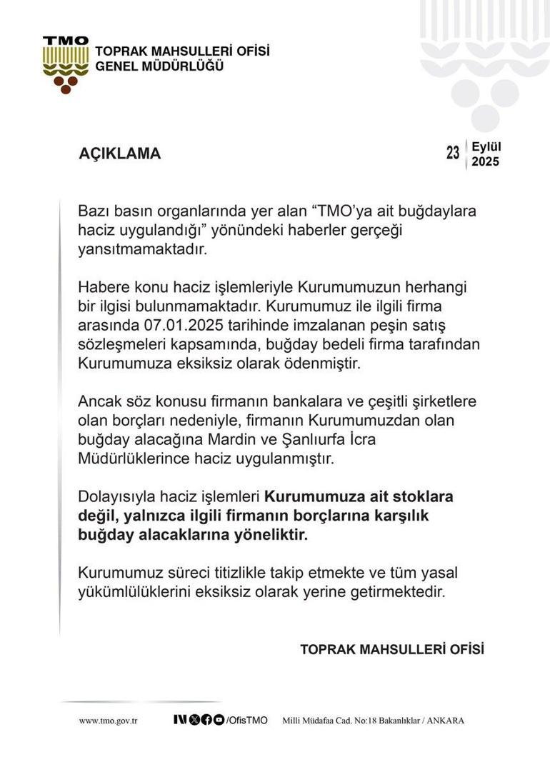 TMOdan haciz iddialarına ilişkin açıklama