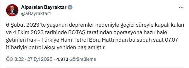 Bakan Bayraktar: Irak-Türkiye ham petrol boru hattından petrol akışı yeniden başladı